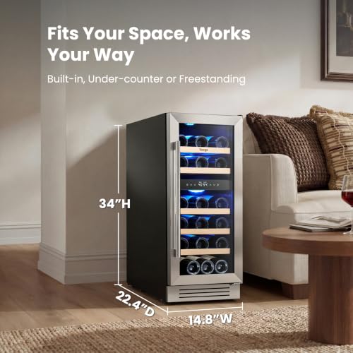 Image of Yeego 15 inch Wine Cooler - 28 Bottle Dual Zone Wine Fridge Glass Door, 40F-65F Freestanding Under Counter & Built-in Wine Refrigerator for Kitchen Hone Bar Office
