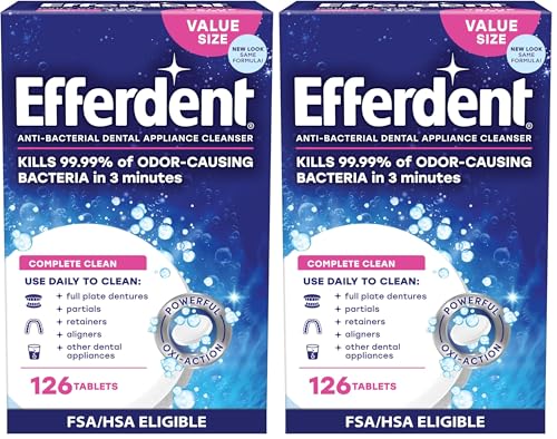 Image of Efferdent Denture Cleaner Tablets - Dental Appliances, Aligners, Mouth Guard, and Retainer Cleaner Tablets, Complete Clean, 126 Count (Pack of 2)