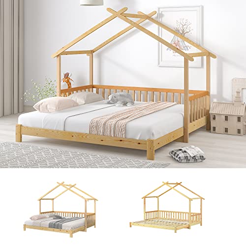 Kinderbett Hausbett 90x200, Baumhausbett Tagesbett mit Lattenrost&Rausfallschutz, Bett Holzbett Funktionsbett Gästebett Flachbett Ausziehbett Einzel&Doppelbett für Jungen&Mädchen, Massivholz, Natur – Bild 8