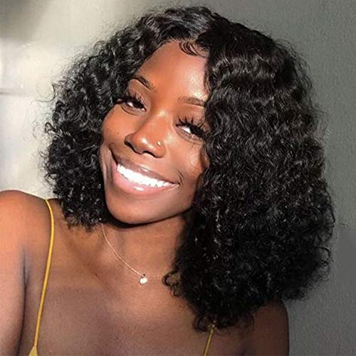 Human Hair Lace Front Short Curly Bob Wigs for Black Women 180% Density Brazilian Virgin Hair Wigs with Baby Hair Curly Black Bob Wigs(8 inches)