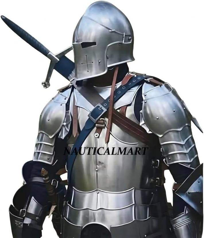 Medieval Barbuta Knight Suit of Armor- 18 Gauge Steel Full Plate of Armour Set for Cosplay & Costume Events, Historical Reenactments, Renaissance Faire Sliver