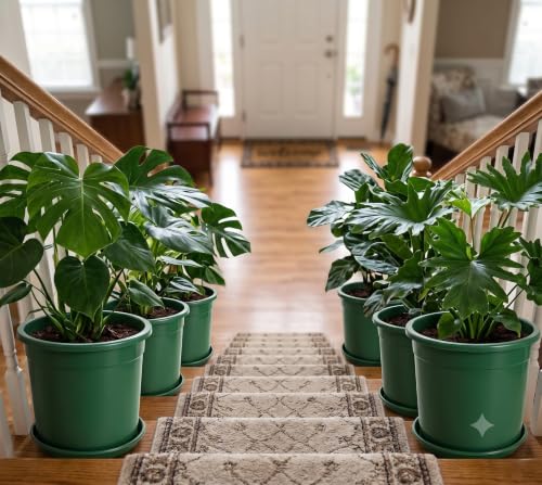 Image of 12 Inch Glossy Forest Green Plastic Planter with Bottom Plate | Heavy Duty Flower Pot with Tray for Indoor Home Decor, Balcony, Living Room & Outdoor Garden (6 Pot, Forest Green)