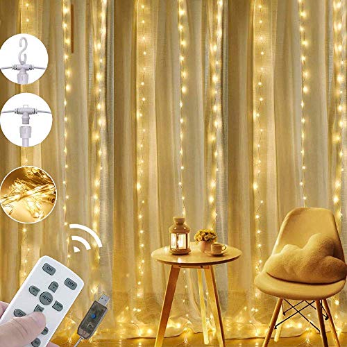 Updated Curtain Lights, LEDGLE 300 LED USB Window Curtain String Lights Fairy Twinkle Lights 8 Modes with Remote & Timer 2/4/6/8h Detachable Decorative Christmas Thanksgiving Lighting IP67 Waterproof