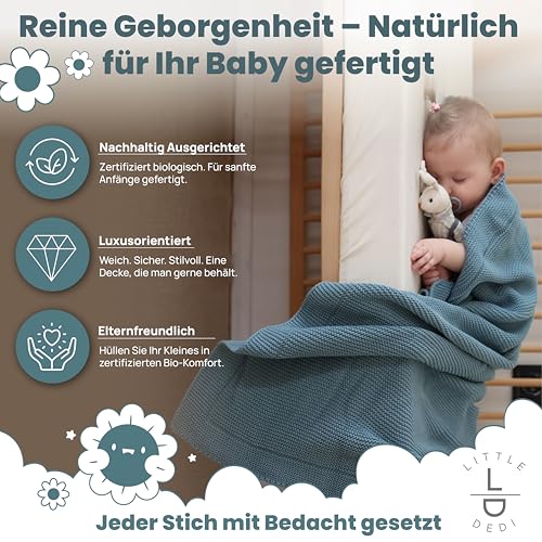 Image of 100% Organic Cotton Baby Knitted Blanket with Gift Box - Soft Toddler, Crib, Stroller Blanket - Neutral Swaddle and Receiving Blanket for Newborns, 30 inchx40 inch, Smoke Blue
