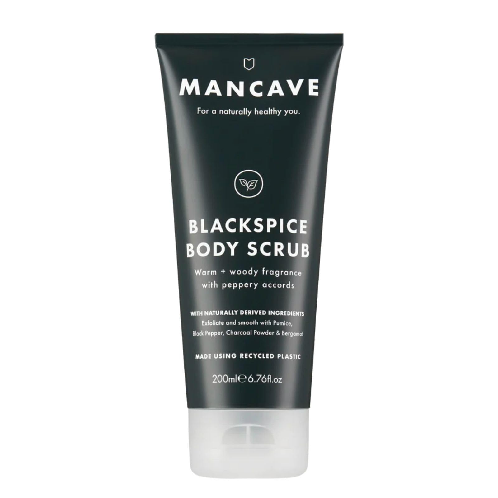 ManCave Blackspice Body Scrub 200ml for Men, Warm & Woody Aroma, Exfoliate & Cleanse Skin with Pumice and Charcoal Powder Scrub, Natural Formulation, Vegan Friendly, Made in England