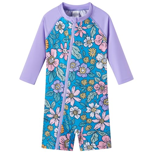 Image of UMELOK Baby Girl One Piece Swimsuit Infant Rash Guard Bathing Suit | UPF 50+ Sun Protection Swimwear,Full Zip,Long Sleeves,Soft And Comfortable Fabric,Swimming Pool,Beach
