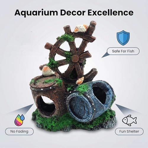 Image of Mipukbay Fish Tank Decoration, Broken Ship Wheel & Cask Aquarium Decor Hiding Cave Ornament for Freshwater /Saltwater, Safe Landscaping Rock Resin Decoration for Betta Fish, Goldfish and Aquatic Pets