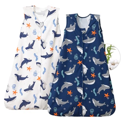 Image of PHF 70% Rayon Derived from Bamboo and 30% Cotton Baby Sleep Sacks 6-12 Months, Baby Sleeping Bag with 2-Way Zipper, 2 Pack 0.5 TOG Soft and Breathable Wearable Blanket for Baby Boys Medium Size, Shark