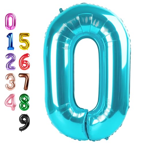 Image of Number Balloons 0 Balloon 40 inch Light Blue for 10th Birthday Decoration | Saturated Color, Large 40 in, With Inflation Straw & Hanging Hole, Great for Men's Party, Back-To-School Season, Pool Party
