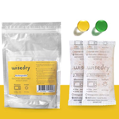wisedry 50 Gram [10Packs] Sachets de gel de silice Sachets déshydratants Paquets Micro-ondes Réactivation rapide avec perles indicatrices pour coffres-forts pour armes à feu de qualité alimentaire