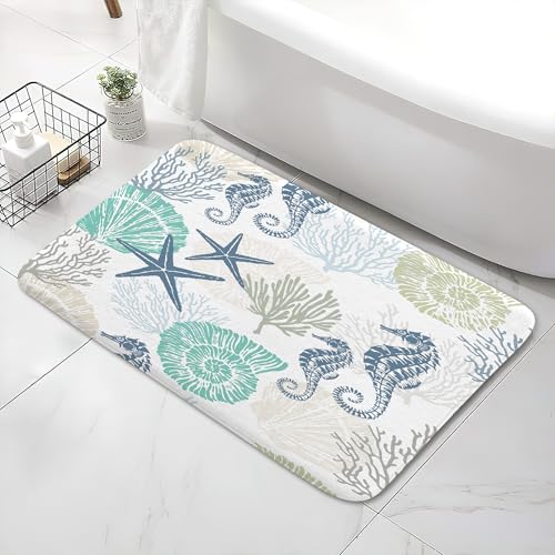 Xiaoput Beach Bathroom Rugs, Coral Ocean Themed Bath Mats for Bathroom, Tropical Starfish Seahorse Conch Bath Mats Rugs 17X29in