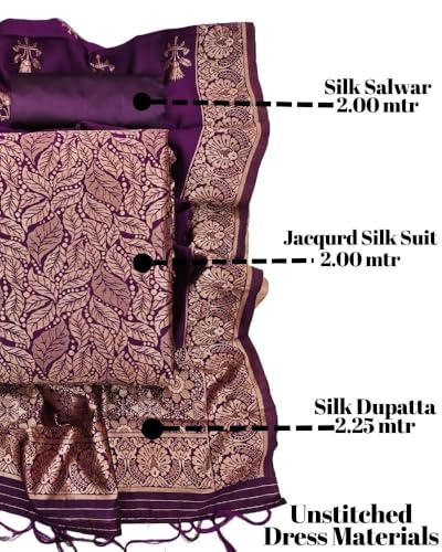 Image of Women Banarsi Silk Unstiched Suit Piece Dress Material for Women Unstiched Suit Salwar with Dupatta (suit -2M.Salwar-2M and dupatta-2.25M) (Wine)