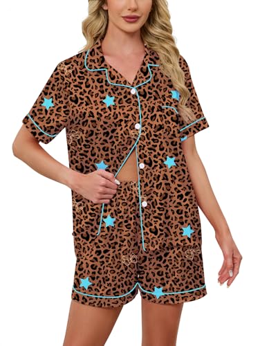 Image of Schbbbta Women Pajamas Set, 2 Pieces Satin Silk Button Down Pjs Short Sleeve Outfits Loungewear
