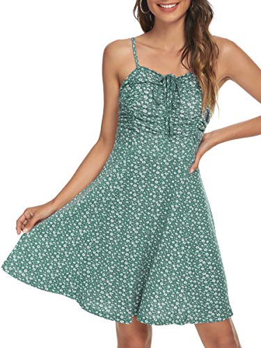 Image of Missufe Spaghetti Strap Floral Mini Dress Women's Casual Ruched Front Drawstring Swing Sundress