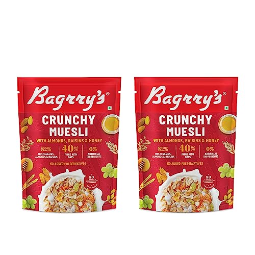 Image of Bagrry's Crunchy Muesli | 40% Fibre Rich Oats with Bran | 82% Multi Grains, Almonds, Raisins & Honey | Breakfast Cereal | Natural Muesli, 500 GM (Pack of 2)