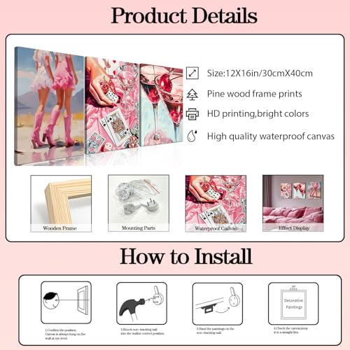 Image of Framed Pink Preppy Wall Art Set of 3, Cowgirl Boots Cherry Cocktail Pictures Wall Decor, Trendy Poker Paintings Canvas Prints Girly Aesthetic Home Decor for Living Room Bedroom Dorm Bar 12x16 inch