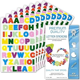Innoveem Letter Stickers - Premium Quality Colourful Alphabet Stickers for Scrapbooking, Crafts, Children & More. Easy Peel Stick On Letters That Stay Stuck! 408 Self Adhesive Sticky Letters Per Pack