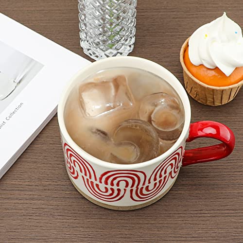 Sxdgs Hand Painted Ceramic Coffee Cups With Handles, Glazed Stoneware Mugs For Tea, 15 Oz Hot Or Cold Drinks,Thanksgiving, Christmas，Best Gifts For Birthday,Mug (Red Wave) #TOP2