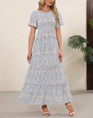 Image of Kranda Women 2025 Summer Fall Crewneck Short Sleeve Smocked Floral Maxi Dress
