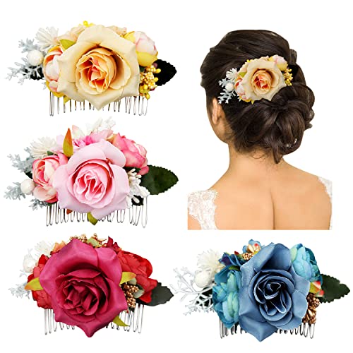 4 Pack Artificial Rose Flower Metal Hair Side Combs Slide Hair Clips With Teeth Floral Hair Bows Hairpins Barrettes Wedding Headpieces Holiday Party Bun Chignon Twist Hair Holder Accessories For Women #TOP28