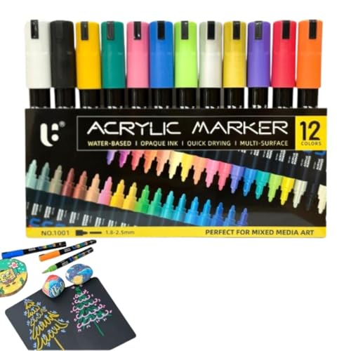 Image of Wynhard Acrylic Marker Paint Pens Chisel Set Acrylic Colour Markers 12 Pcs Sketch Pen Set for Wood,Canvas,Stone,Rock Painting,Glass,Ceramic Surfaces,Scrapbooking,Fabric,Plastic DIY Craft,Multicolor