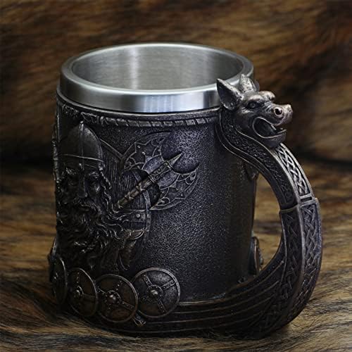 Viking Tankard 600 Ml Beer Resin Stainless Steel Cup Gothic Mug Beer Mugsbeer Mugs with Handles Beer Mugs for Men Viking Gifts for Men Suitable for Special Holidays Such As Halloween