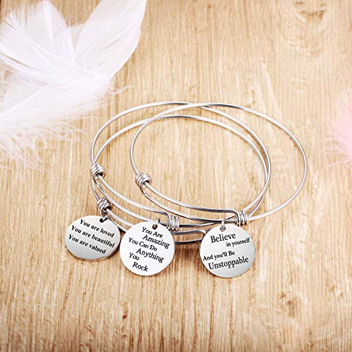 Jvvsci 3Pcs Stainless Steel Inspirational Charm Bracelets Jewelry Set Engraved Message Motivational Expendable Bangles For Women Girls #TOP1