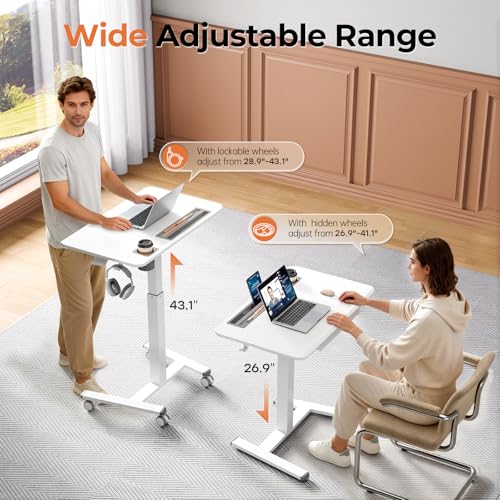 Image of Mobile Standing Desk with Drawer, 32 inch Rolling Desk with Cup Holder and Hooks, Portable Laptop Cart on Wheels, Height Adjustable Workstation with Storage for Home Office, White