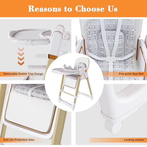 Image of Foldable Baby High Chair with 150 Swing & Recline,Convertible High Chairs for Babies and Toddlers,5 Height Levels,3 Backrest & Footrest Positions,Removable Double Tray,Lockable Wheels (White)