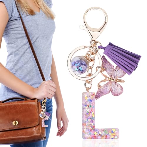 ALLOMN Porte-clés Lettre Alphabet Pendentif Lettre L Porte-Clés Étoile Papillon Cadeau Sac à Dos Sac Accessoire Femme Filles Amoureux Filles, aubergine, 4*4cm/1.57*1.57inch