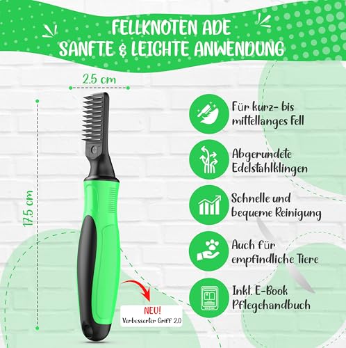 Profi Entfilzungsmesser 2.0 für Hunde und Katzen - Entfernt Knoten und Verfilzungen, kurz bis langhaar Fell geeignet Kleine - große Tiere Abgerundete Klinge + E-Book Pflegehandbuch
