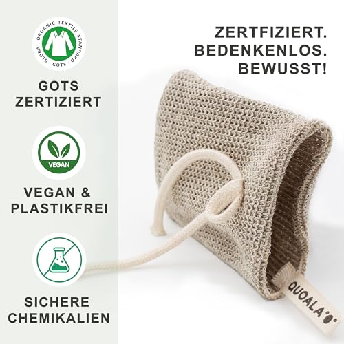 QUOALA® Seifensäckchen aus GOTS-zertifiziertem Bio-Leinen – sanftes Peeling & cremiger Schaum – kein Nylon, vegan, elastisch & nachhaltig in Italien gefertigt
