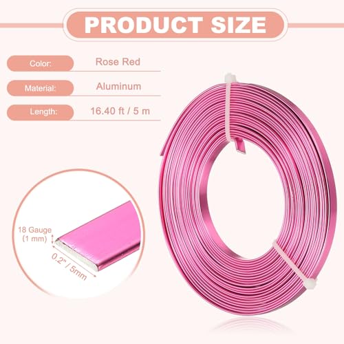 Image of uxcell 18 Gauge Flat Aluminum Wire, 16.40 ft 5mm Wide Aluminum Crafts Wire for Flower Bonsai Crafts Carving DIY Bezel Sculpting Gem Metal Wrap, Rose Red