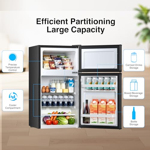 Image of Kismile 2.5 Cu.Ft Mini Fridge with Freezer, Double Door Compact Refrigerator, 3-Level Mechanical Thermostat, Reversible Door&Removable Shelves, Quiet Fridge Ideal for Office, Apartment, Dorm, Black