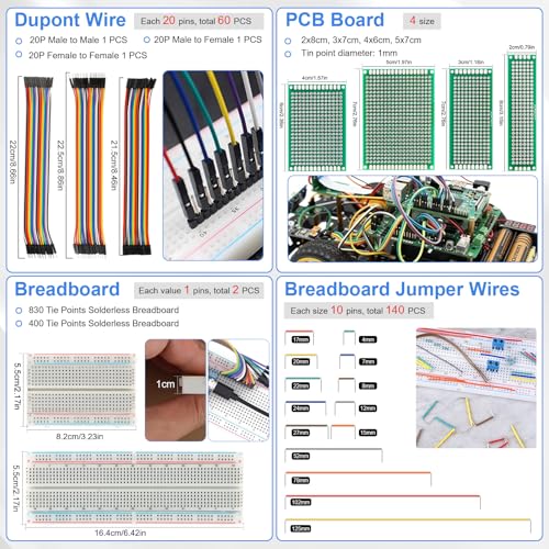 Electronic Component Kit, 1780 Pcs DIY Electronics Kit with Resistors,Capacitor,LED Diodes,Transistors,Dupont Wire,Breadboard,PCB,Potentiometer,Triode,IC,Crystal Oscillator,Buzzer,Switch,Motor,Speaker - Image 6
