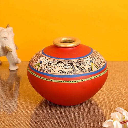 Image of Aakriti Art Creations Earthen Handcrafted Red Madhubani Vase 4.5x5.5 (HxD) | Terracotta Flower Vase | Matte Finish Traditional Decorative Vase for Living Room Decor, Table Decor, Shelf Decor & Gifting