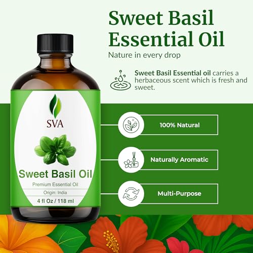 Image of SVA Sweet Basil Essential Oil, Glass Bottle with Dropper, 4 Fl Oz (118 ml) | Sweet Basil Essential Oil for Diffuser, Hair Care, Skin Care, Massage, Soap Making, Perfume Making, Fragrance & DIY Blending