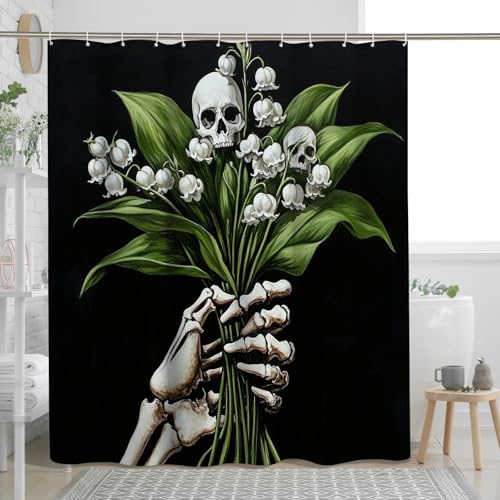 Divertida cortina de ducha de Halloween con diseño de flores de terror, cortinas de ducha góticas de calavera aterradora para baño, juego de decoración de baño con estampado de esqueleto espeluznante