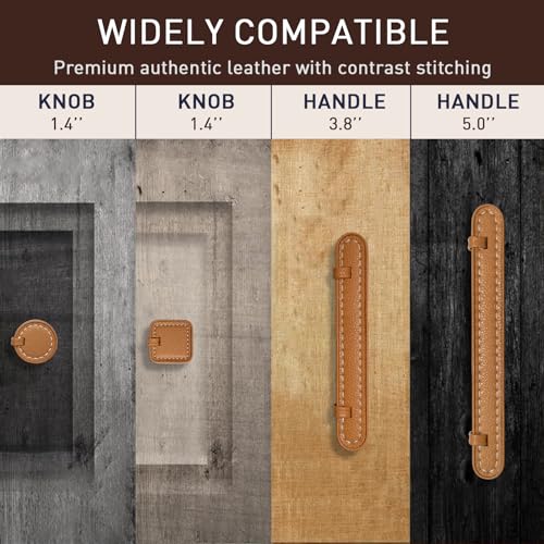 Image of 2 Pack Leather Cabinet Knobs - Brown Round Leather Drawer Pulls for Cabinets, Cupboard, Dressers, Drawers, Bedroom