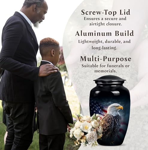 Image of American Flag Eagle Urn for Ashes Adult Male, Patriotic Funeral Urns for Human Ashes Adult Female, Black Military Urn for Ash Mom & Dad (Large, 10 Inch)