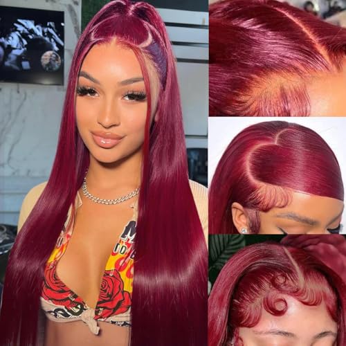Image of tobasew ​99J Burgundy Lace Front Wigs Human Hair 200 Density Straight 13x6 HD Transparent Lace Frontal Wigs Human Hair Pre Plucked Glueless Red Color Human Hair Lace Front Wigs for Women 30 Inch