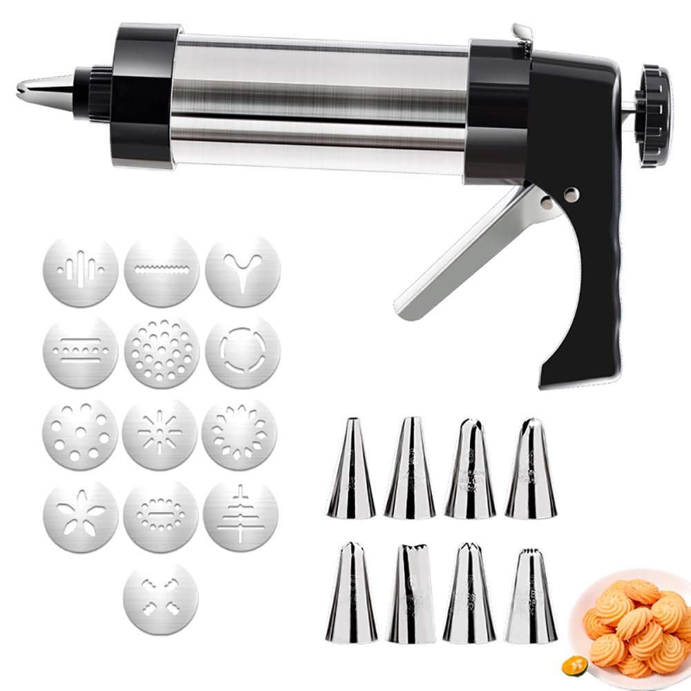 Stainless Steel Cookie Press Gun for Baking with 13 Discs and 8 Decorating Nozzles