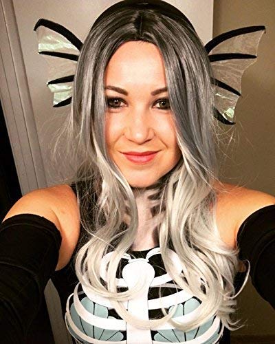 ANOTHERME Another Me Black Gray Wigs 27.5" Long Curly Hair Wig 2 Tone Silver Grey Ombre Party Cosplay Wig