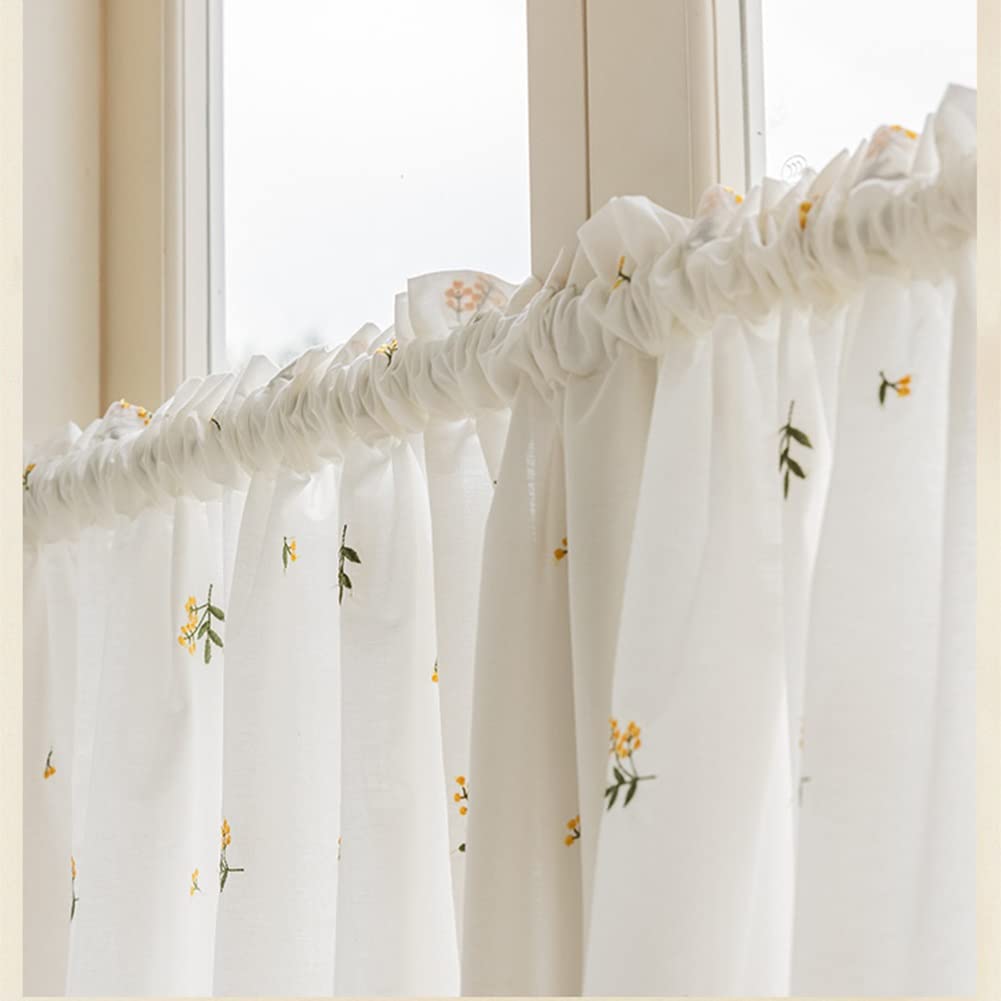 Rideau brodé de Fleurs françaises avec Volants, Rideau Court de Cuisine en Coton Rustique pour Salle de Bain, bistrot, Demi-Rideau pour Petites fenêtres (Color : Jaune, Size : WxH 135x140cm/53x55in