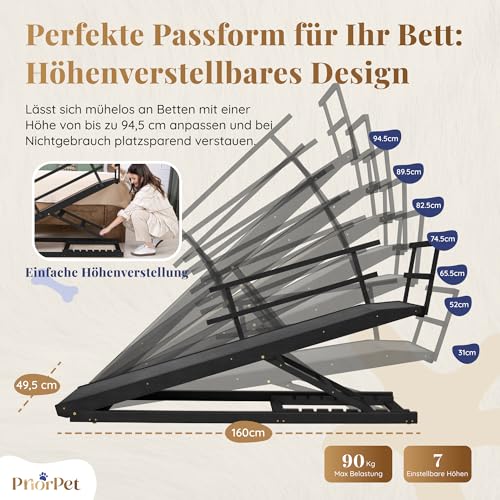 Hunderampe Bett mit Sicherheitsgeländer - Für Große Hunde bis zu 90 kg - Höhenverstellbare hundetreppe für Betten bis zu 94.5cm - Breite 49,5 cm - Klappbar - Anti-Rutsch-Griff - Birkenholz - Schwarz