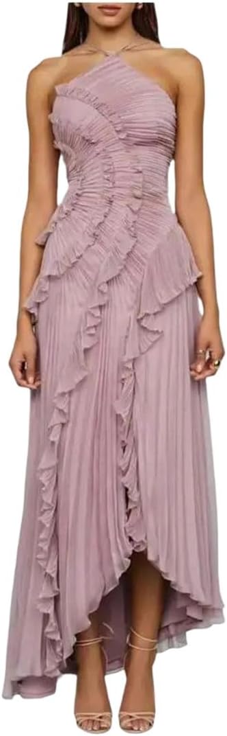 Women Backless Asymmetrical Ruffle Tiered Pleated Maxi Formal Prom Dress