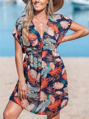 Image of CUPSHE Women's Swimsuit Coverup Casual V Neck Beach Dress Short Sleeve Elastic Waist Swimwear Cover Ups 2026 Beachwear