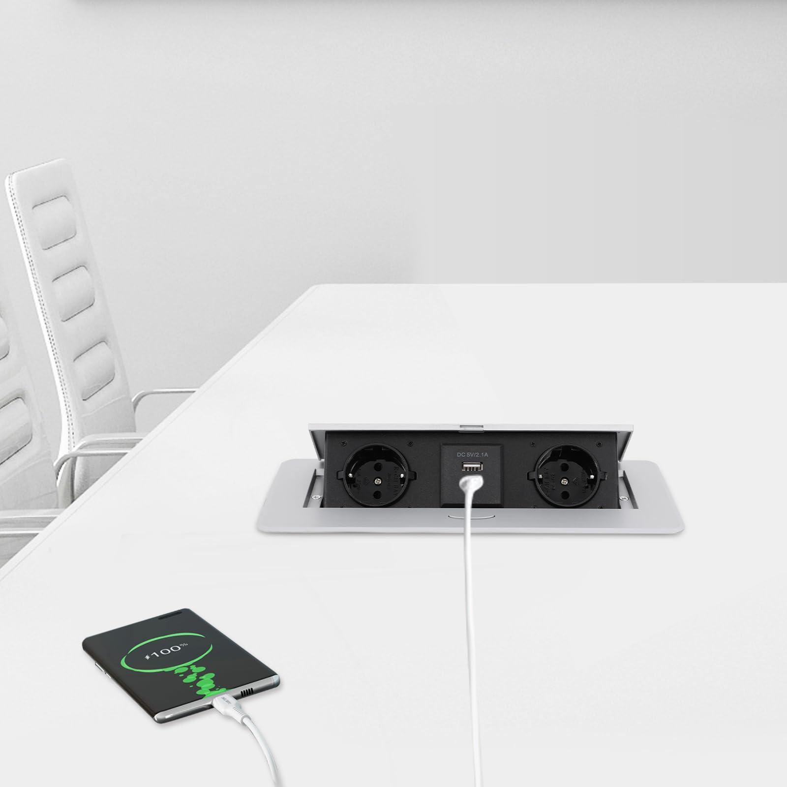 Ciabatta elettrica a scomparsa, 2 prese AC 250 V, 16 A, con USB A e USB C, 5 V, 2,1 A, presa da tavolo, da incasso, 2500 W, per ufficio, cucina, studio, argento
