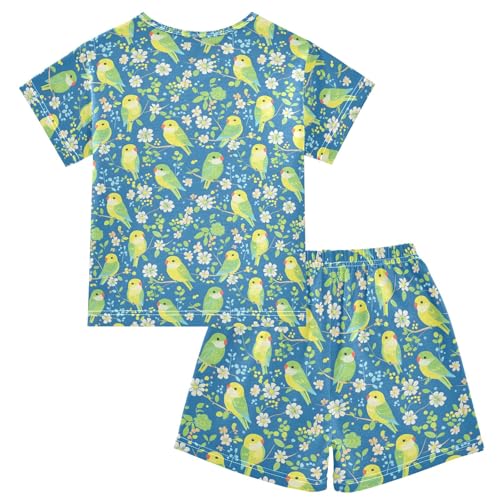 Green Parrot Flower Pattern Summer Cute Pajama Sets, Short Sets for Daily Wears and Sleep Wears2