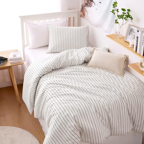 Image of Wake In Cloud - Striped Cotton Duvet Cover Set, Ticking Stripe Vertical Pinstripe Farmhouse, 100% Washed Cotton Textured Bedding Set, 3 Pieces, White, Twin /Twin XL Size